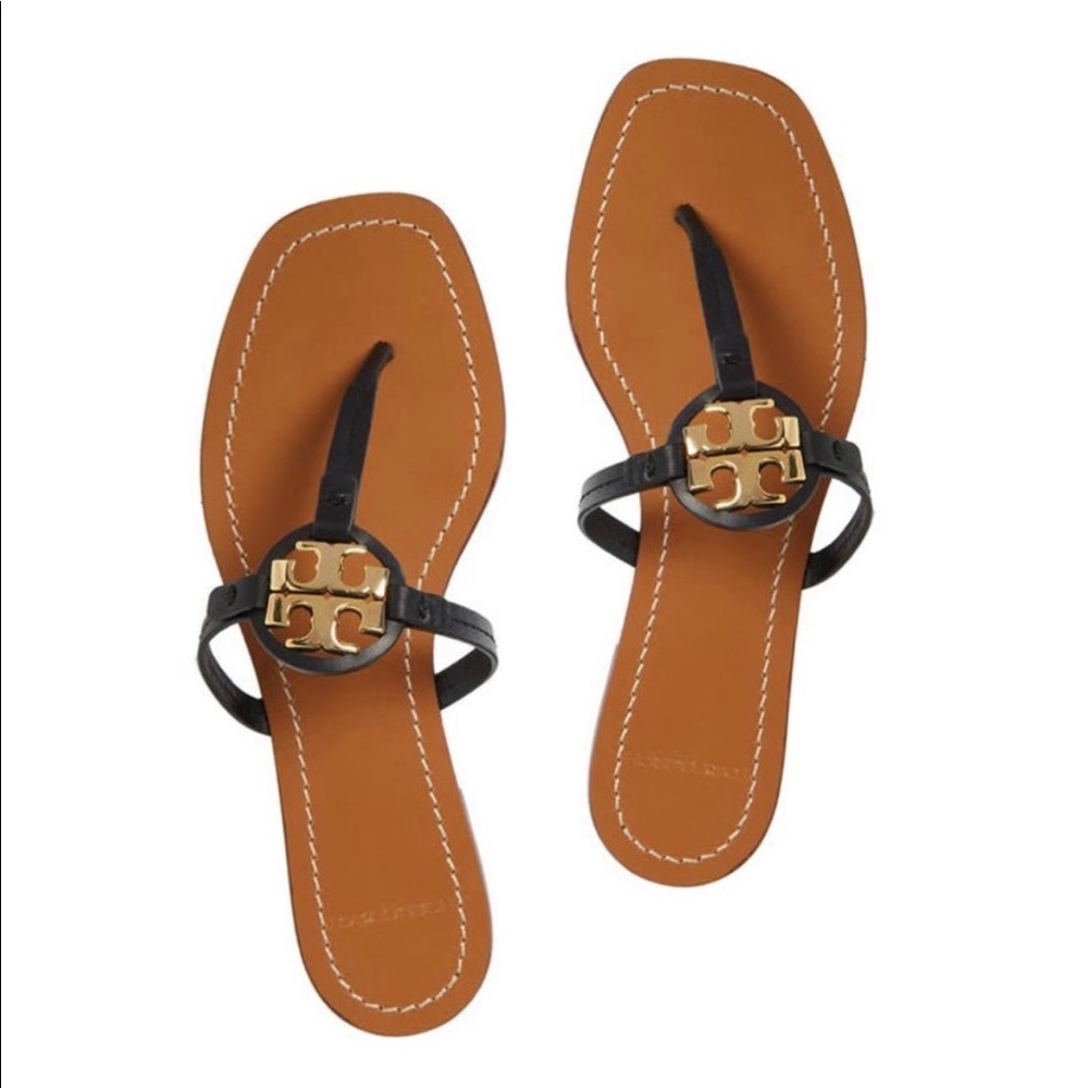 Tory Burch Mini Miller Leather Thong Sandals Black Sz 7